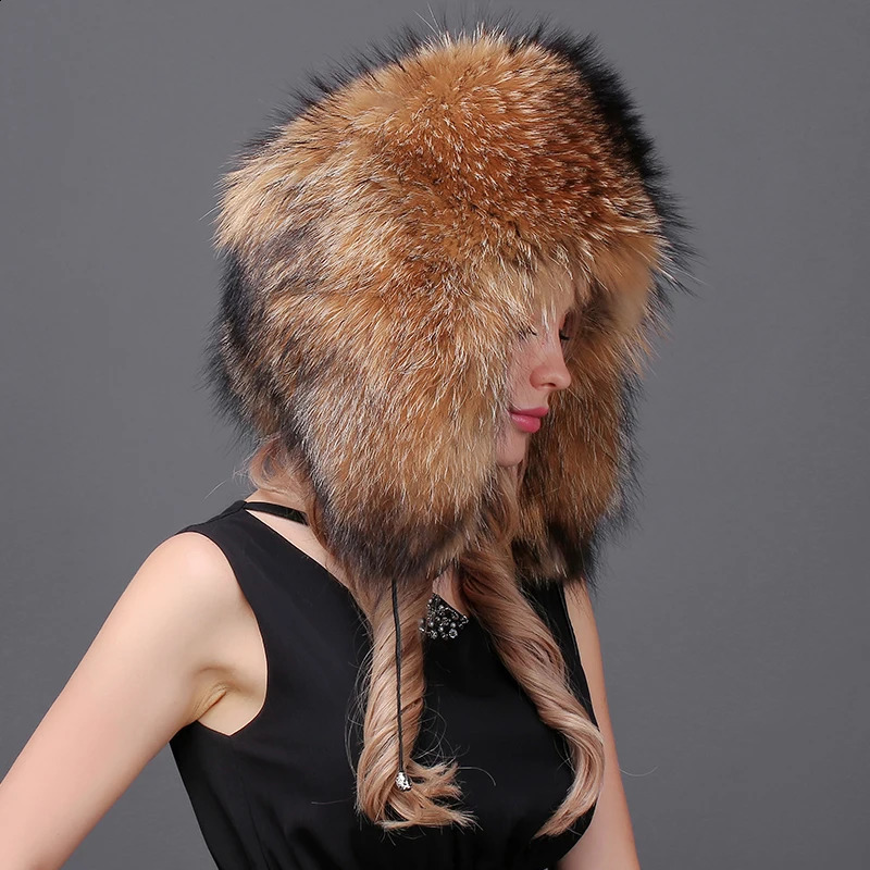 Womens winter hat with ear flaps 100% genuine fur Leifeng hat super warm hat with a luxurious raccoon fur top 241220