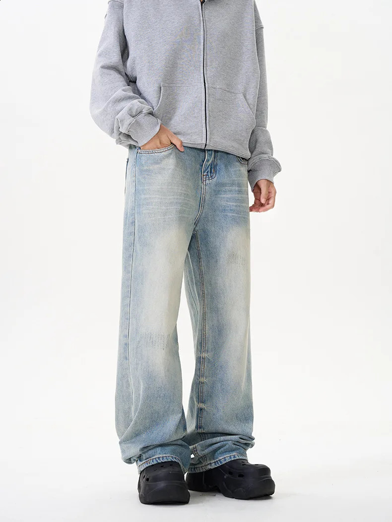 American Washed Cat Whiskers Jeans Mens and Womens Gradient Color Loose Pocket Tie-Dye Couple Pants 241223