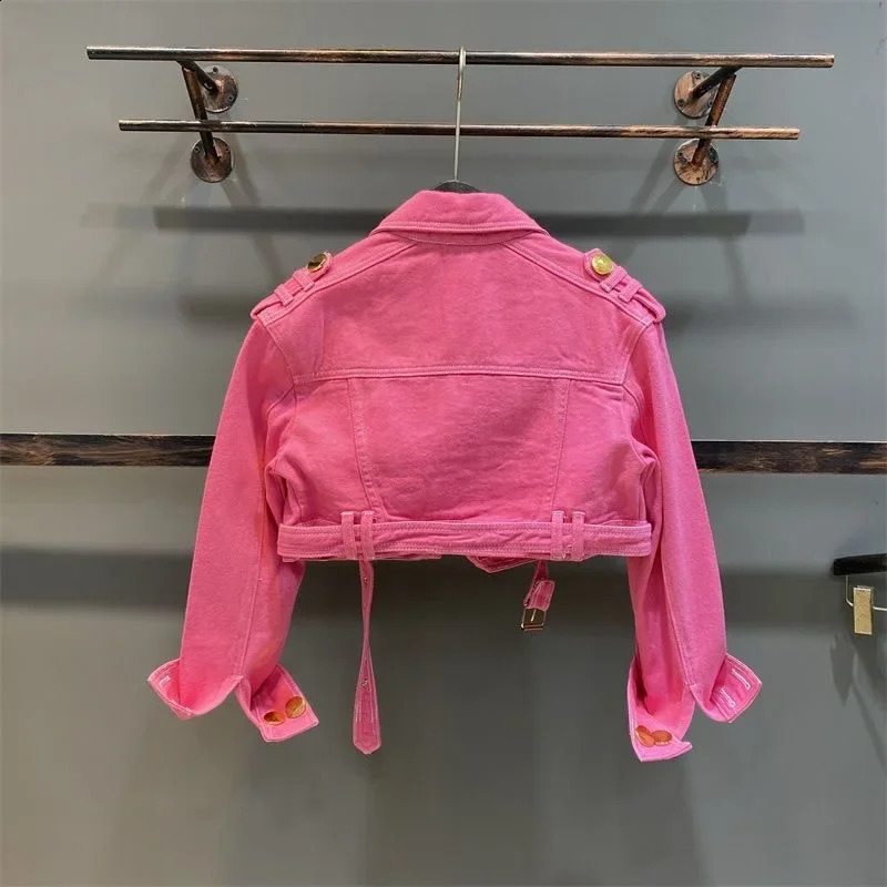 2-15 pink kids baby girls Jean jacket autumn solid color lapel metal button children fashion teenages girl short coat clothes 241223