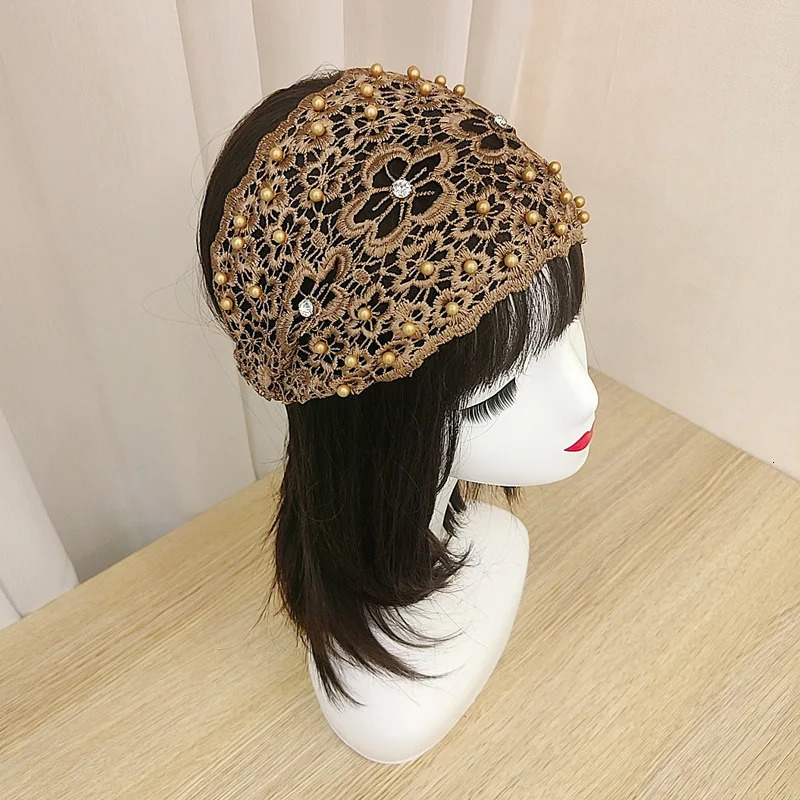 1pc Boho Hollow Lace Headband Wide Head Wrap Faux Pearl Decor Headband Hair Accessories For Women 241223