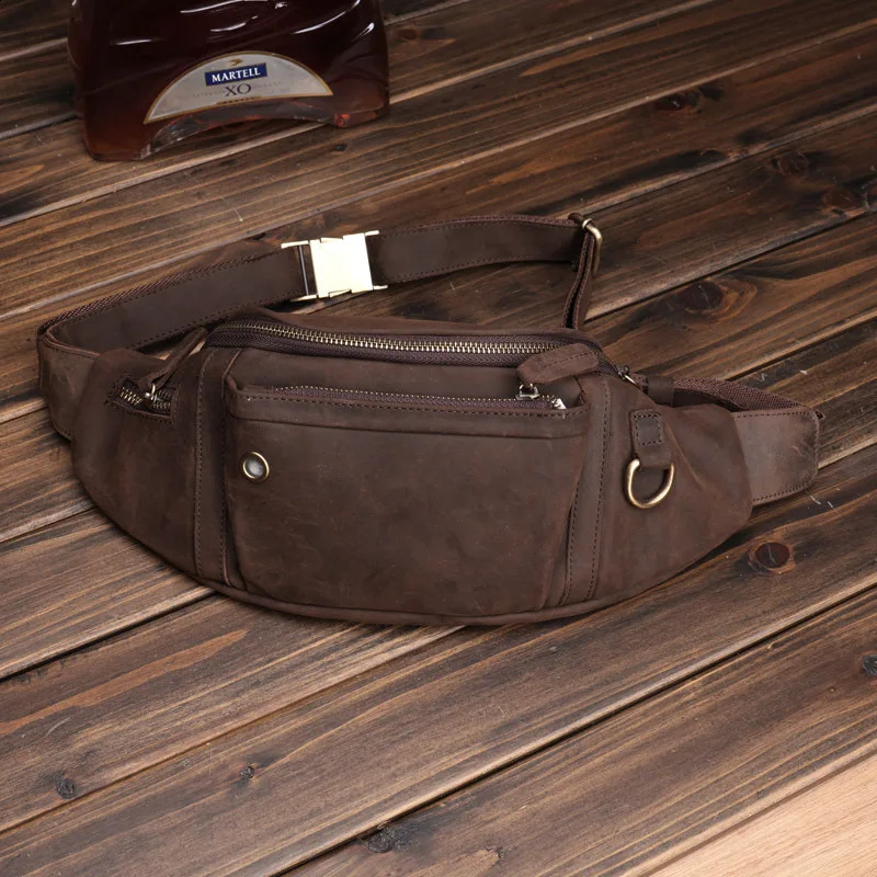 Crazy Horse Leather Men Baotou Layer Cowhide Mobile Phone Fanny Pack Large Capacity Sports Diagonal Chest Bag Mens Leather 241223