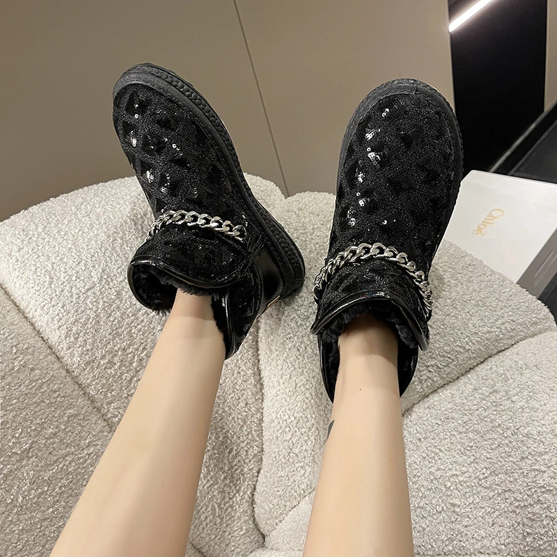 Winter Women's Snow Fashion Warm Plush Metal Chain Short Boots Sequins Flat Soft Thicken Female Cotton Ankle Shoes