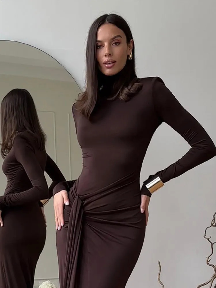 Autumn Winter Long Sleeve Knit Split Dress High Neck Tight Elegant Striped Sweater Underskirt Formal Women Street Maxi Robe 241218