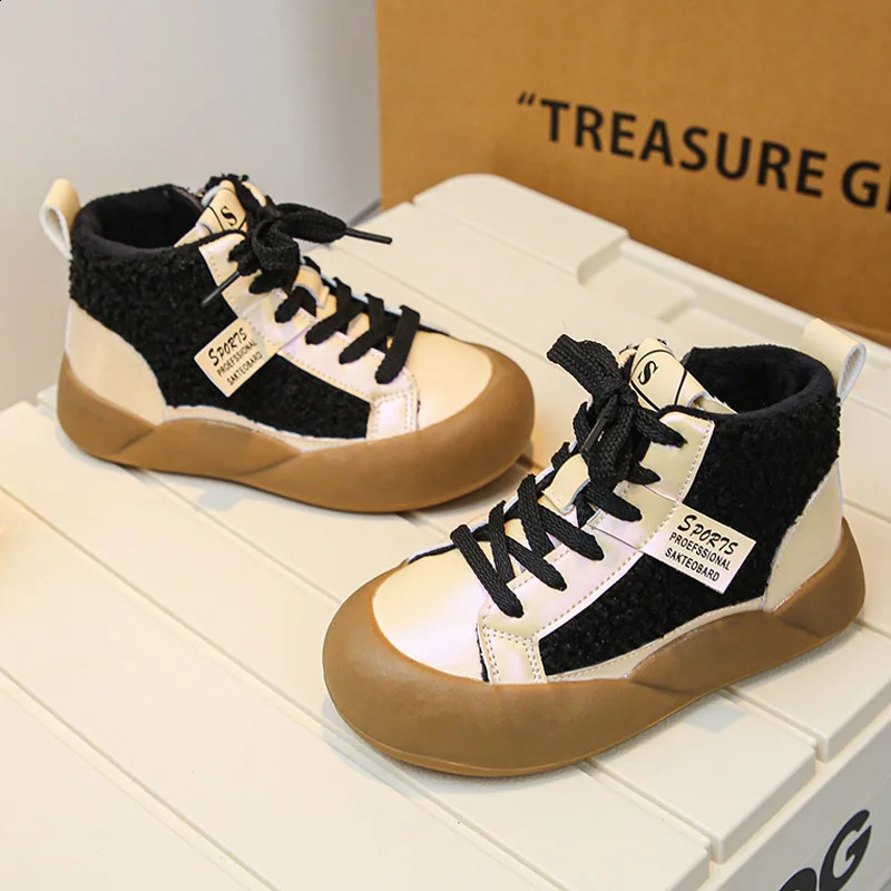 Fashion Purple Black Lambswool High Top Sneakers for Kid Girls Casual Plush Short Boots Boys Winter Warm Furry Sport Shoes 241223