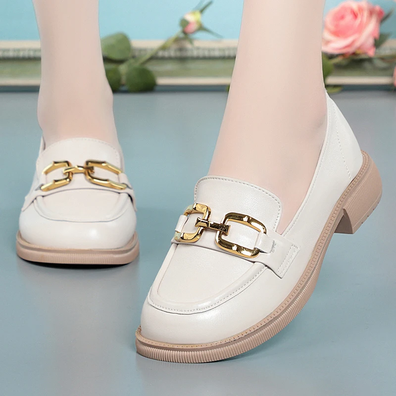 Women's Shoes Loafers Thick Heel Genuine Leather Spring Shoes British Style Large Size Casual Footwear Woman Sneakers