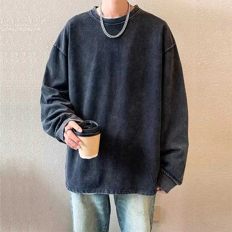 High Quality 230g mens 100% pure cotton long sleeved T-shirt suitable for autumn retro style acid washed tee wax printed round neck casual oversized t