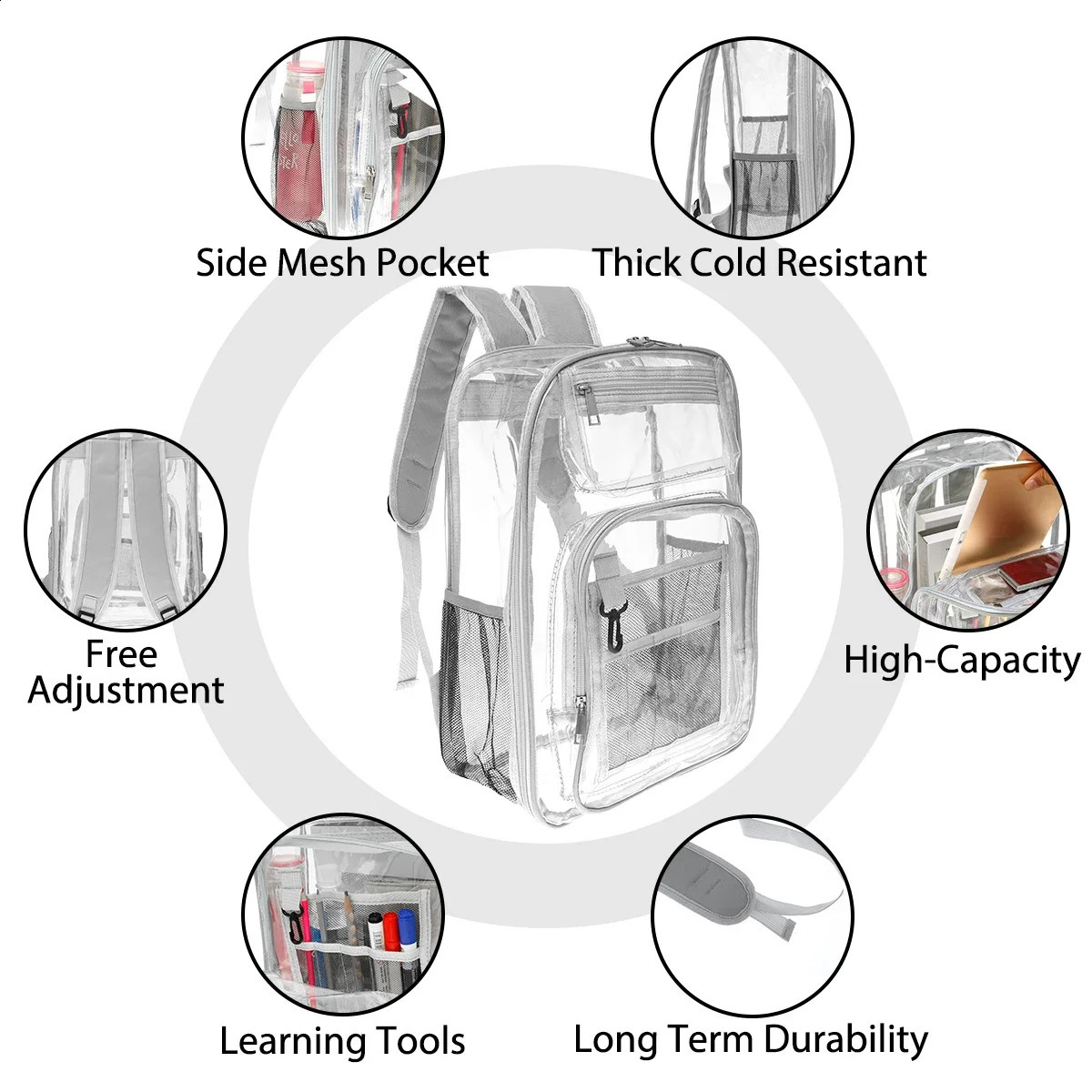 Fashion Clear Backpack Large Capacity School Bag with Multiple Pockets Heavy Duty PVC Transparent Travel Bag Comfortable Outdoor 241223