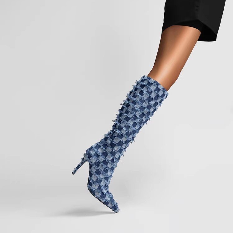 Design Brand Women Knee Denim Stiletto Thin High Heels Sexy Party Dress Woman New Autumn Boots Long Pointed Toe Shoes 1815