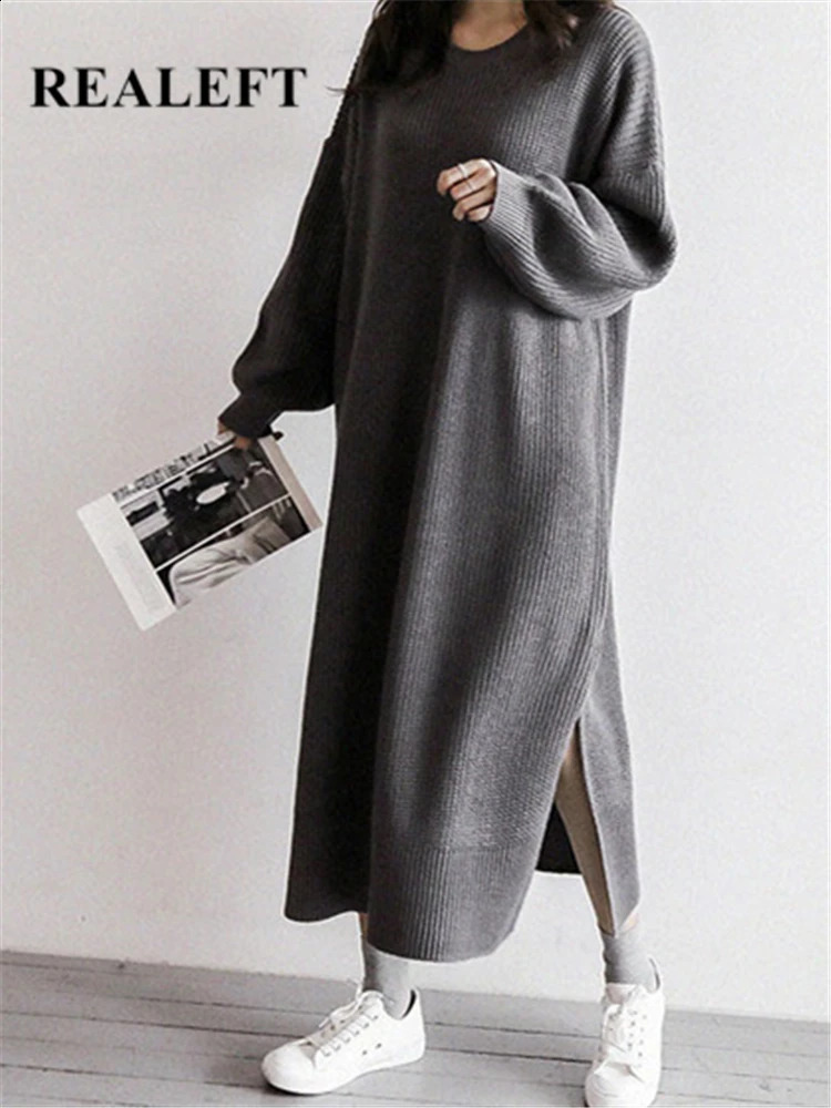 REALEFT Autumn Winter Oversize Womens Knitted Dresses ONeck Side Split Loose Long Sleeve Sweater Dress Female 241218