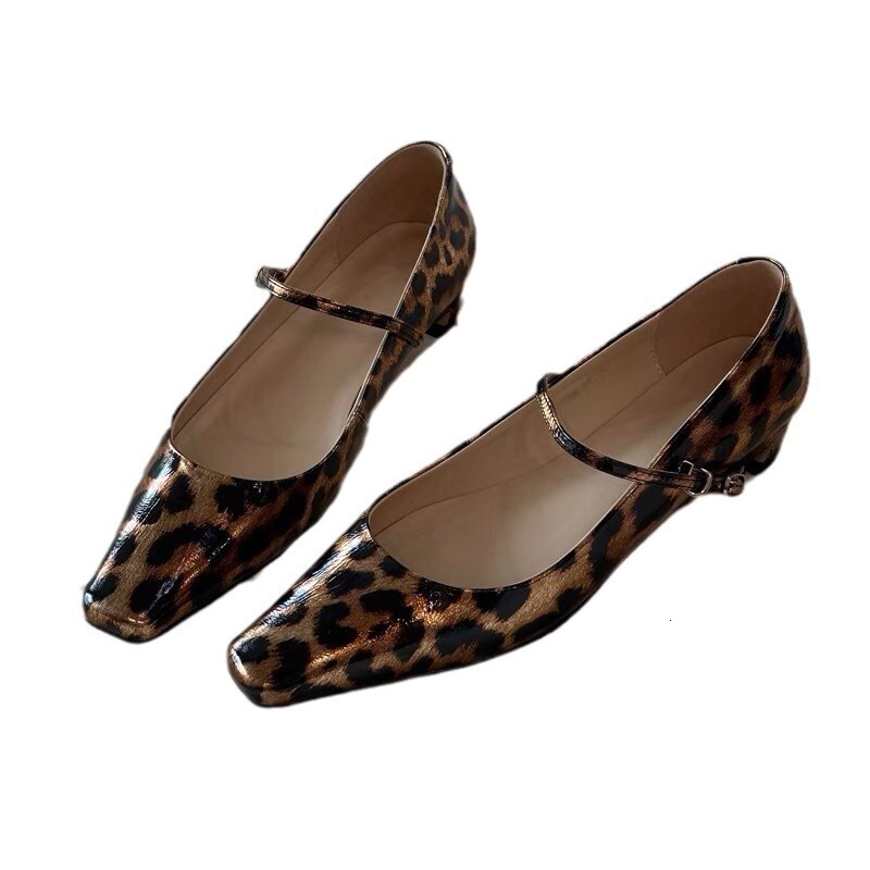 Sheepskin Edition~Autumn New Square Head Leopard Pattern Strap Mary Jane Women's Thick Heel Leather Single Shoes Women