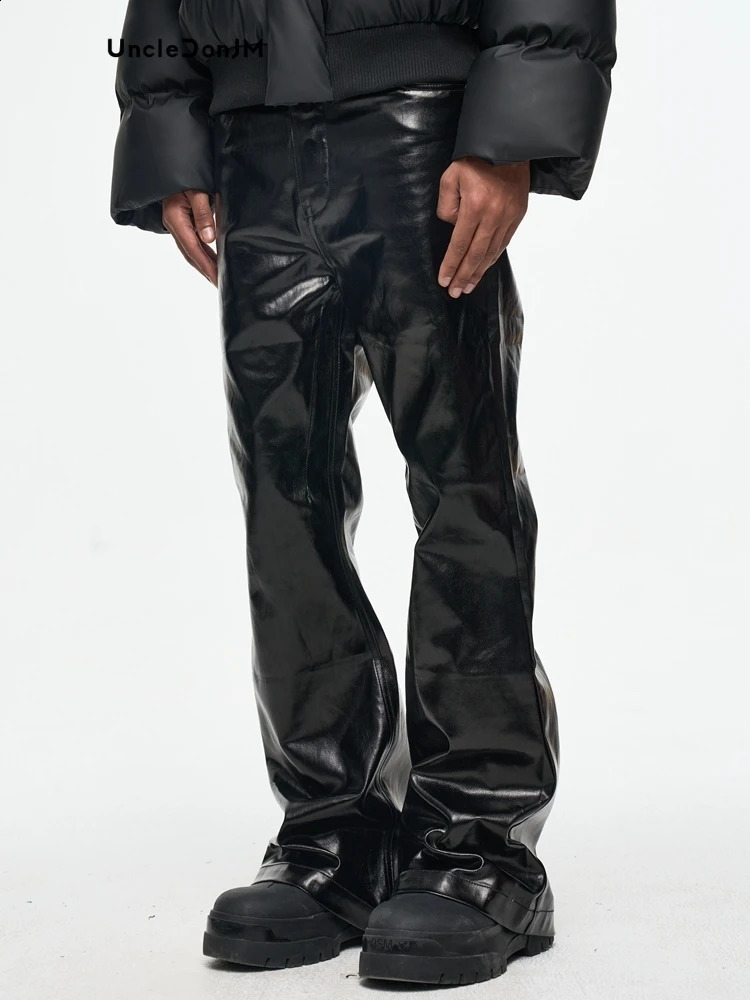 Black-coated Glossy Patent Leather Micro-lapped Jeans Japanese Streetwear Pants 241223