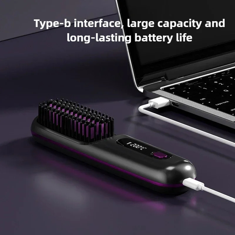 Electric LCD Usb Ceramic Heating Straight Hair Comb Wireless Portable Negative Ion Styling Tool Rechargeable Straightening Brush 241121