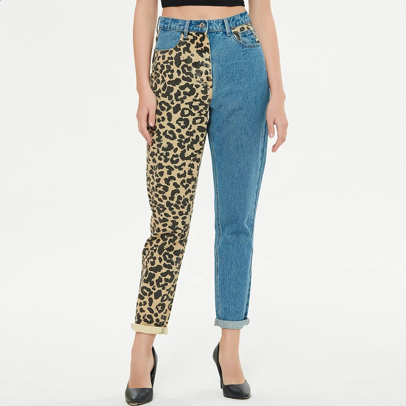 Straight Jeans Women Slouchy Leopard Print Denim Pants Color Block Trendy Aesthetic Trousers Boyfriend Oversize 3XL 4XL Palazzo 241220