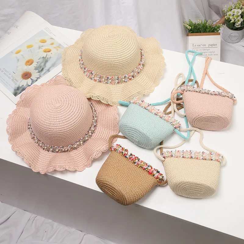Caps Hats Summer Childrens Straw Hat Set Princess Lace Sun Hat Sweet Childrens Shoulder Bag Travel Sunscreen Hat H241223