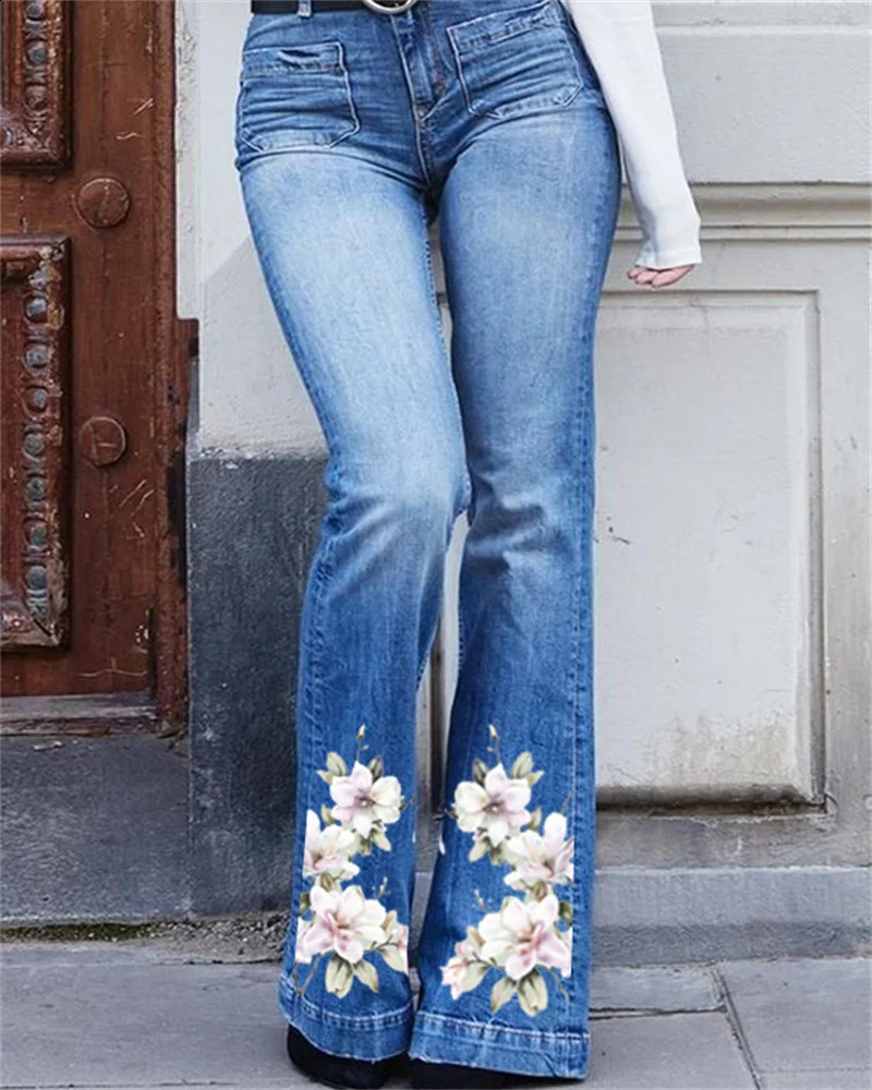 retro 3D printed n bell bottom pants for women fashionable high waisted slim fit straight leg jeans 241218