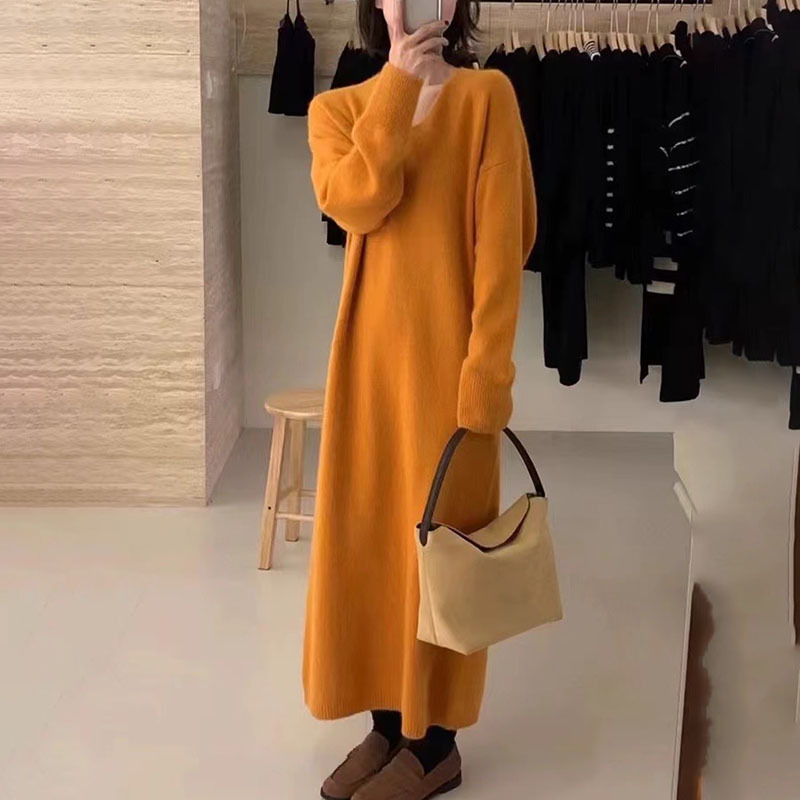DB30 Mint Green Lazy Style Loose V-neck Knitted Sweater Dress Autumn and Winter French Knitted Bottom Dress