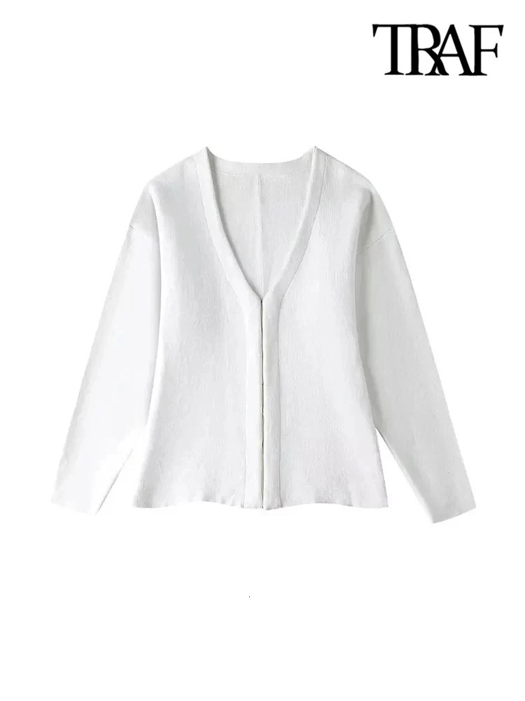 TRAFWomens Front Hook Fitted Knit Cardigan Sweater V Neck Long Sleeves Side Split Hem Female Outerwear Chic Tops Fashion 241220