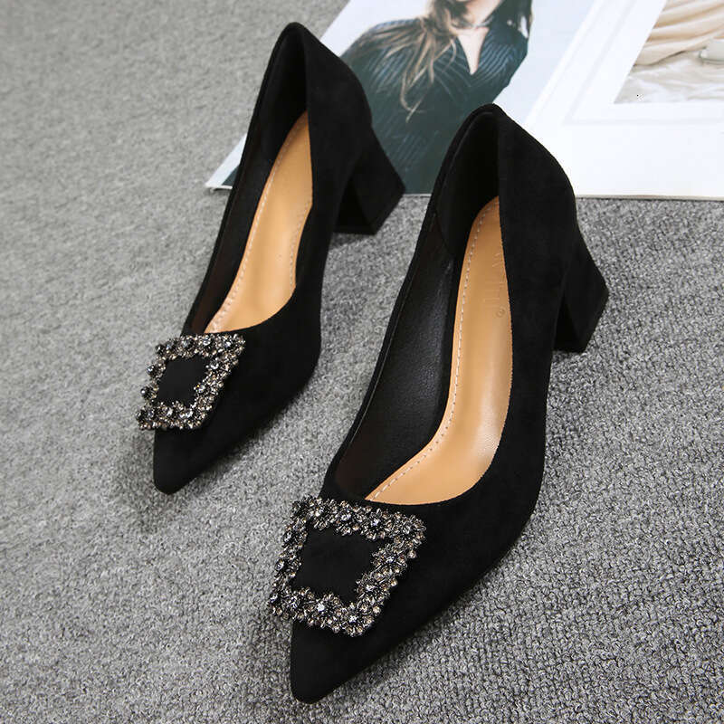 Water Diamond Single For Women, Summer 2021 New Mid Work Spring And Autumn Pointed Black Thick Heel Square Buckle Shoes