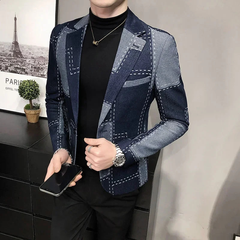 Fashion Patchwork Geometric Print Mens Blazer Vintage Hombre Casual Suit Men Jacket Autumn Plaid Stylish 241218