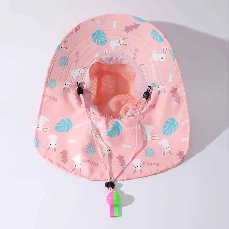 Caps Hats UV resistant childrens summer baby sun hat bucket hat with whistle suitable for girls boys outdoors neck earmuffs beach hat H241223