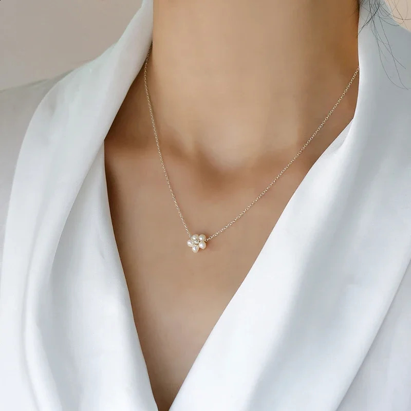 ASHIQI 925 Sterling Silver Natural Freshwater Pearl Flower Pendant Necklace Fashion Jewelry for Women 241220