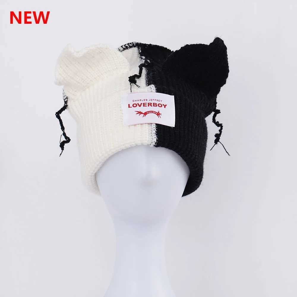 New Cat Ear Knitted Hat Warm Pig Ear Wool Hat Cute Fashion Hoodie Niche Design Hip Hop Personalized Cold Hat M241223
