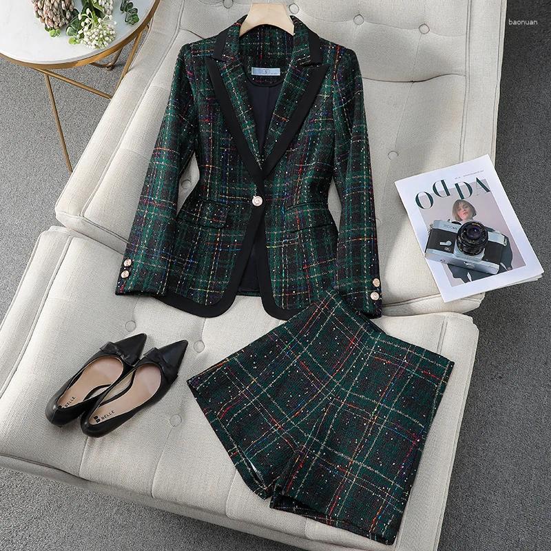 Womens Tracksuits ZJYT Autumn Winter Vintage Plaid Tweed Jacket And Shorts Suit 2 Pieces Matching Sets For Women Plus Size Casual Outfit
