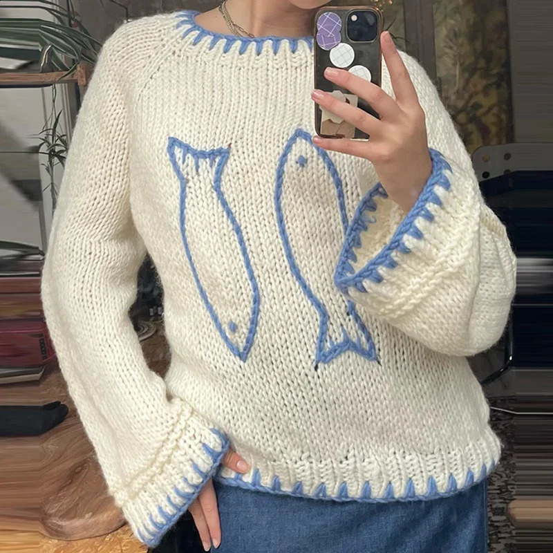 Y2K Aesthetic Fish Contrast Color Warm Sweater for Fall Winter Knitwear Knitted Sweater Vintage Long Sleeve Crew Neck Pullover 241223