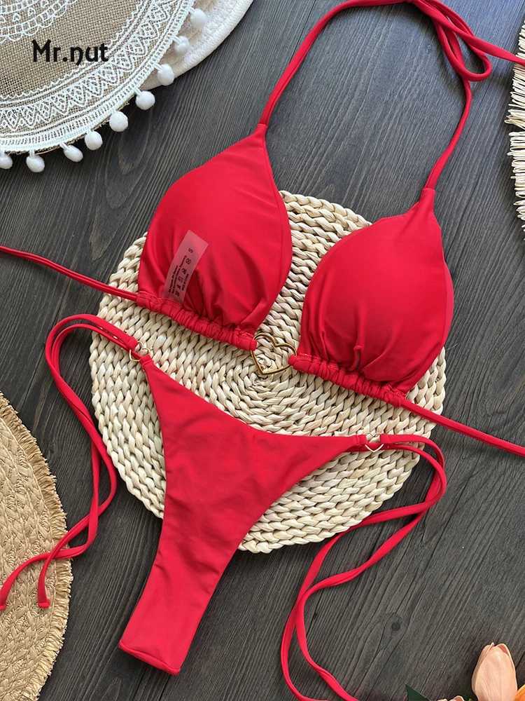 Mr. Nut 2025 Explosive Nylon Red Love Bikini Set with Low Waist Strap European and American Fashion BiquiniXJ241223