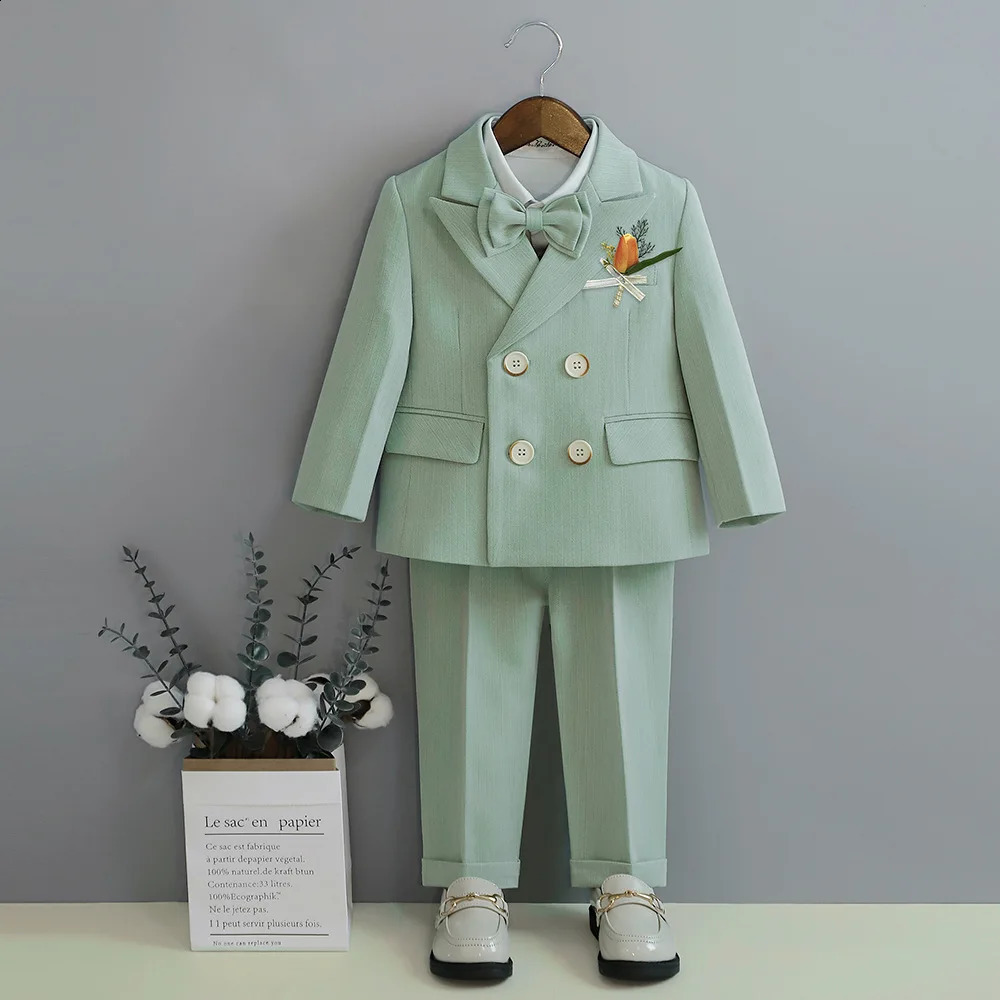 Child Fomal Dress Suit Set British Style Baby Boys Wedding Birthday Party Performance Costume Kids Blazer Pants Bowtie Clothes 241223