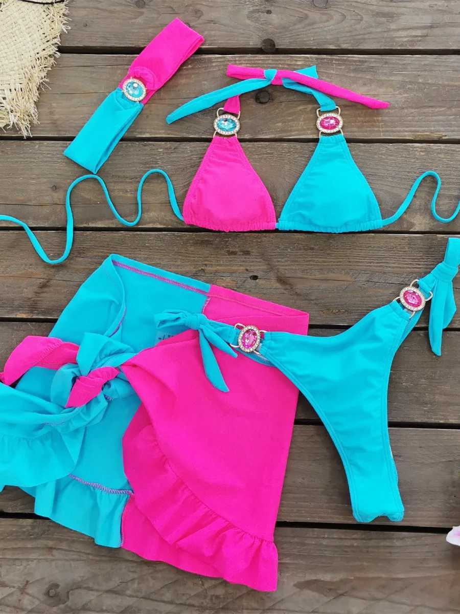 Sexy Skirt 4 Pieces Bikini Set Women Luxury Blue Patchwork Rhinestone Push Up Cover Up Swimsuit 2024 Beach Bathing Suit SwimwearXJ241223