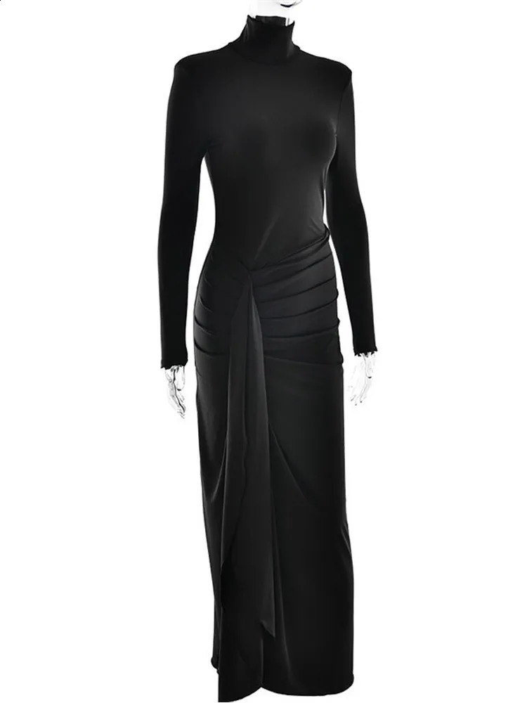 Autumn Winter Long Sleeve Knit Split Dress High Neck Tight Elegant Striped Sweater Underskirt Formal Women Street Maxi Robe 241218