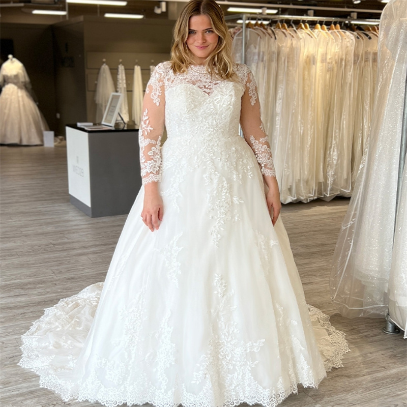 Romantic Plus Size Wedding Dresses O Neck Long Sleeve Lace Country Bridal Gowns Backless Sweep Train Farm A Line Robe De Mariage 2025 Vestio De Novias