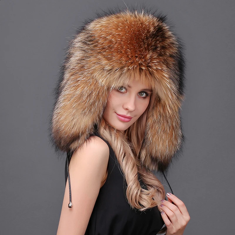 Womens winter hat with ear flaps 100% genuine fur Leifeng hat super warm hat with a luxurious raccoon fur top 241220