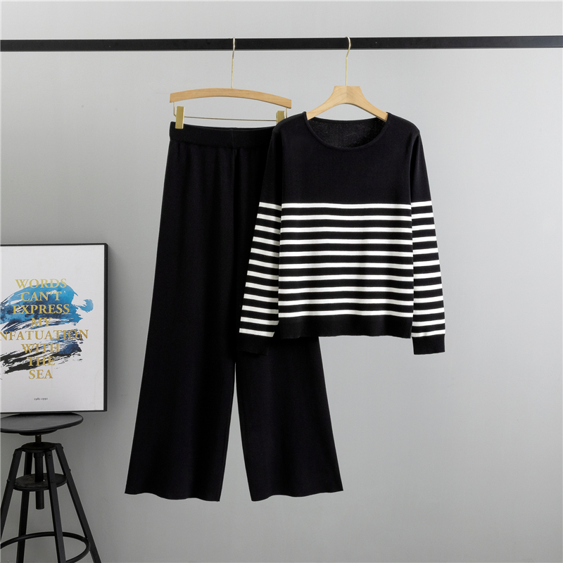 Knitted Suit Striped Tops Wide Leg Knit Pantst Waist Loose 2-Piece Set New In Autumn Winter Casual Clothes For Women