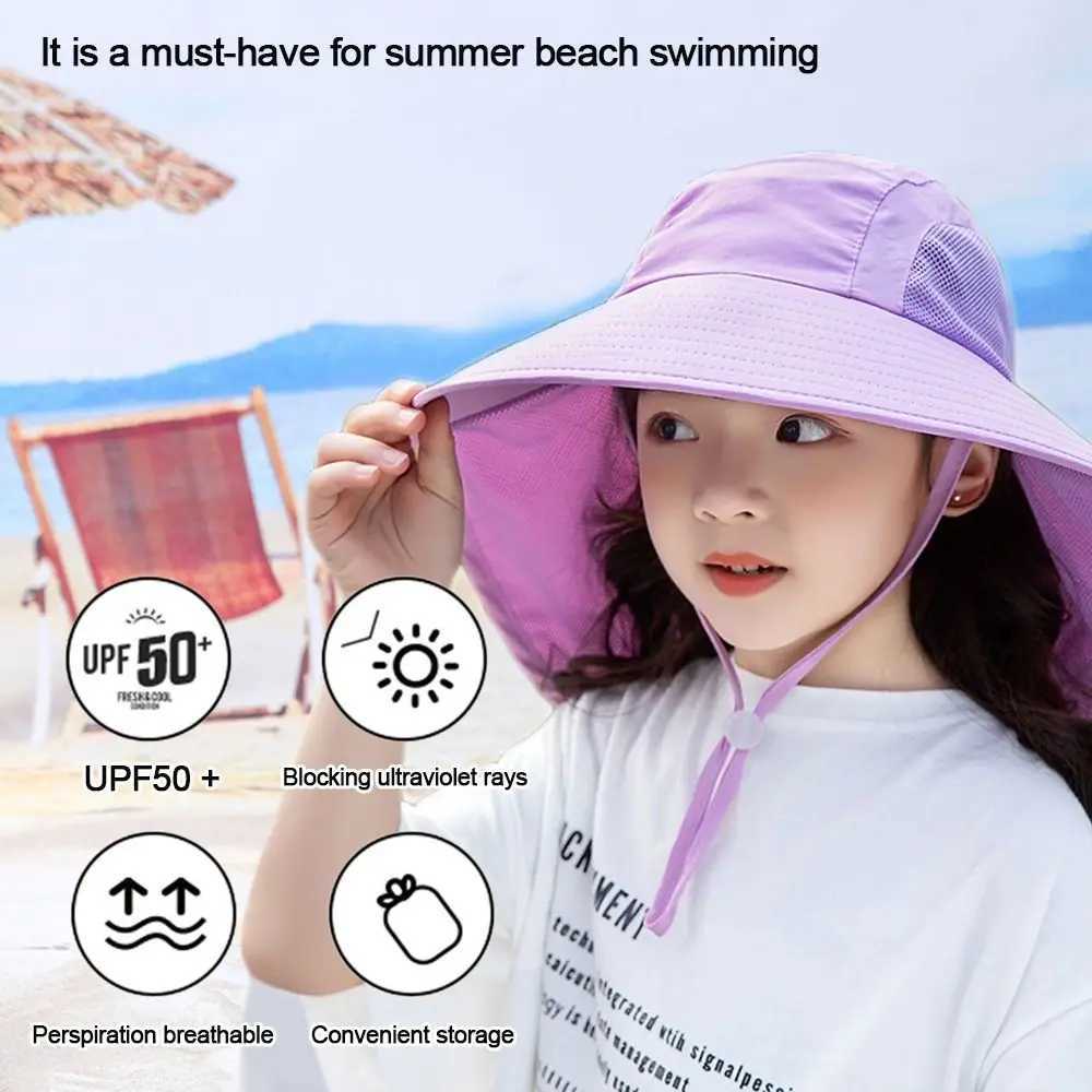 Caps Hats Childrens summer bucket hat UV protection outdoor beach sun hat boys and girls flip adjustable wide eaves hat H241223