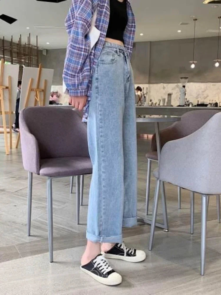 Baggy Jeans Women Simple High Waist Allmatch Korean Fashion Straight Wide Leg Trousers Couples Autumn Slacks Cowgirl Casual 241218