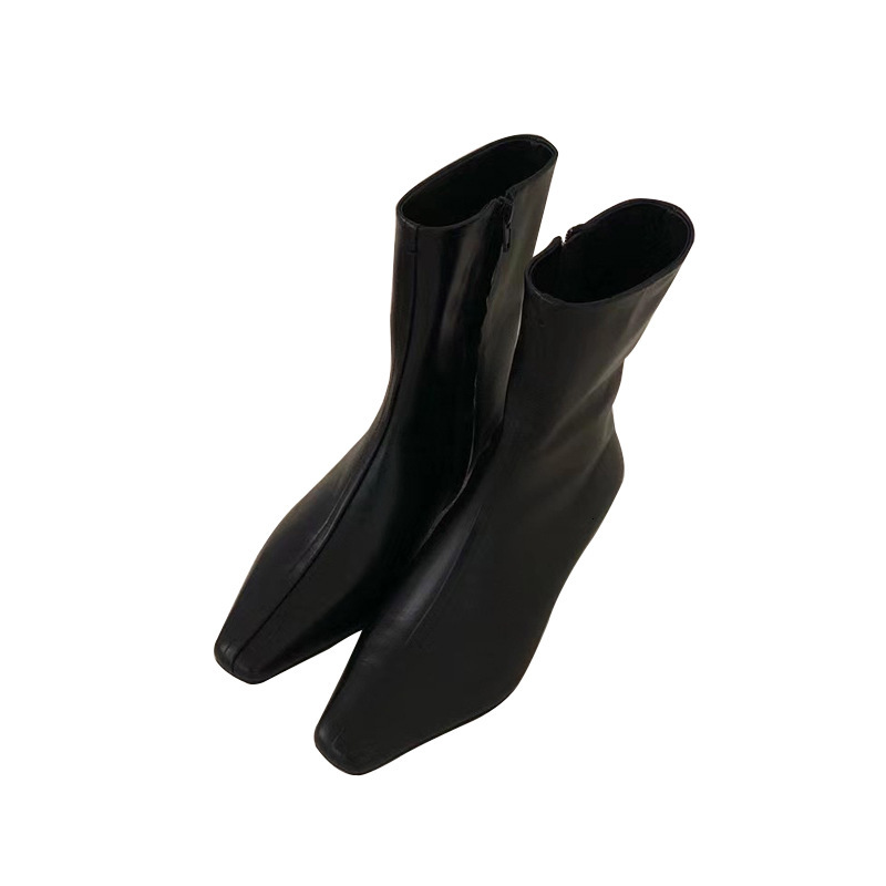 Cowhide Edition~Small Square Head Low Women's French Short Genuine Leather Cat Heel Thin Boots