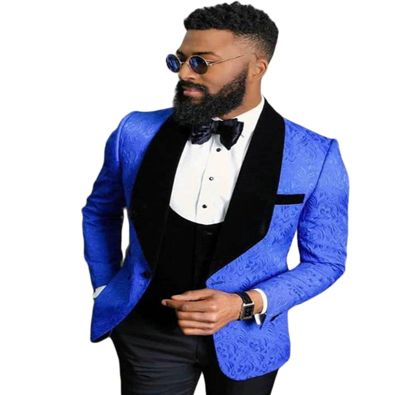 Fashion Jacquard Blue Men Suits Wedding Tuxedos Slim Fit Groom Wear With Black Velvet Shawl Lapel 3 Spieces 2025 Dinner Prom Party Blazer Suit