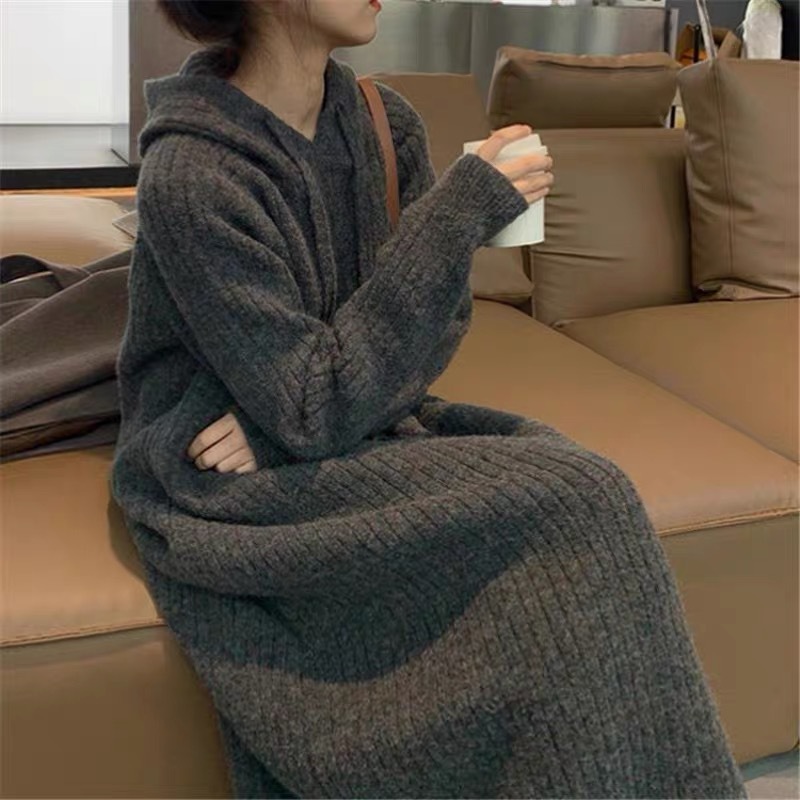L965775 Mid-length hooded knitted dress for women autumn and winter new loose slim lazy pullover bottoming sweater dress