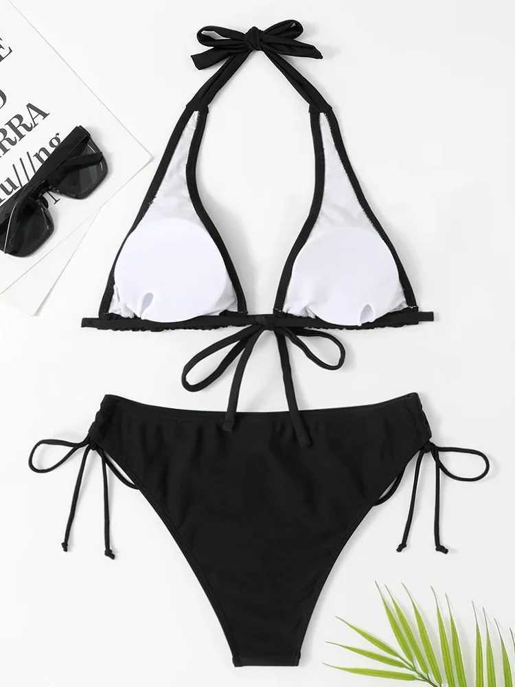 OIINAA Swimwear Women Sexy Halter Solid Bikini Set Drawstring Lace Up Swimsuit Bow Tie Biquinis Two-piece Bathing Suit SummerXJ241223