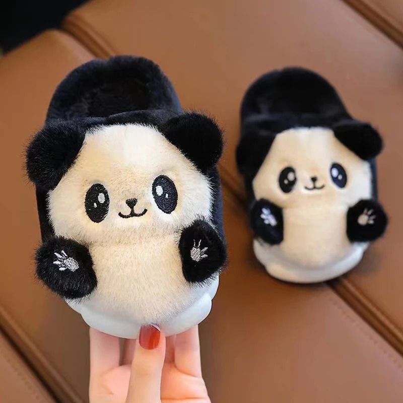 Cute Childrens Cartoon Panda Winter Slippers Comfortable Warm Cotton Shoes Boys Girls Indoor Home Fluffy Slippers 241223