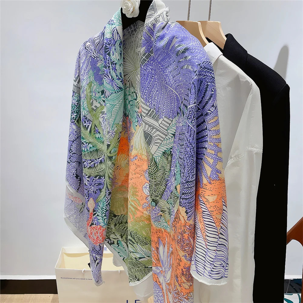 POBING Silk Cashmere Scarf Womens Hand Roll Shawl Forest Printed Square Scarf Wrap Womens Bandana Headscarf Womens Foulards 241219