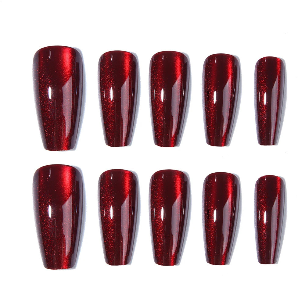 24pcs long false nail cherry color ballet nail sexy simple cats eye bright press on nail reusable suitable for women 241223