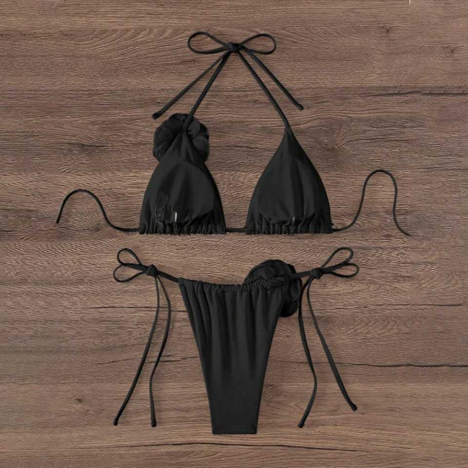 Sexy Bikini Swimsuit Suit 3D Flowers Halter Strappy Bikini Women Swimwear Female Swimsuit 2pcs Bikini Set Bather Bathing SuitXJ241223