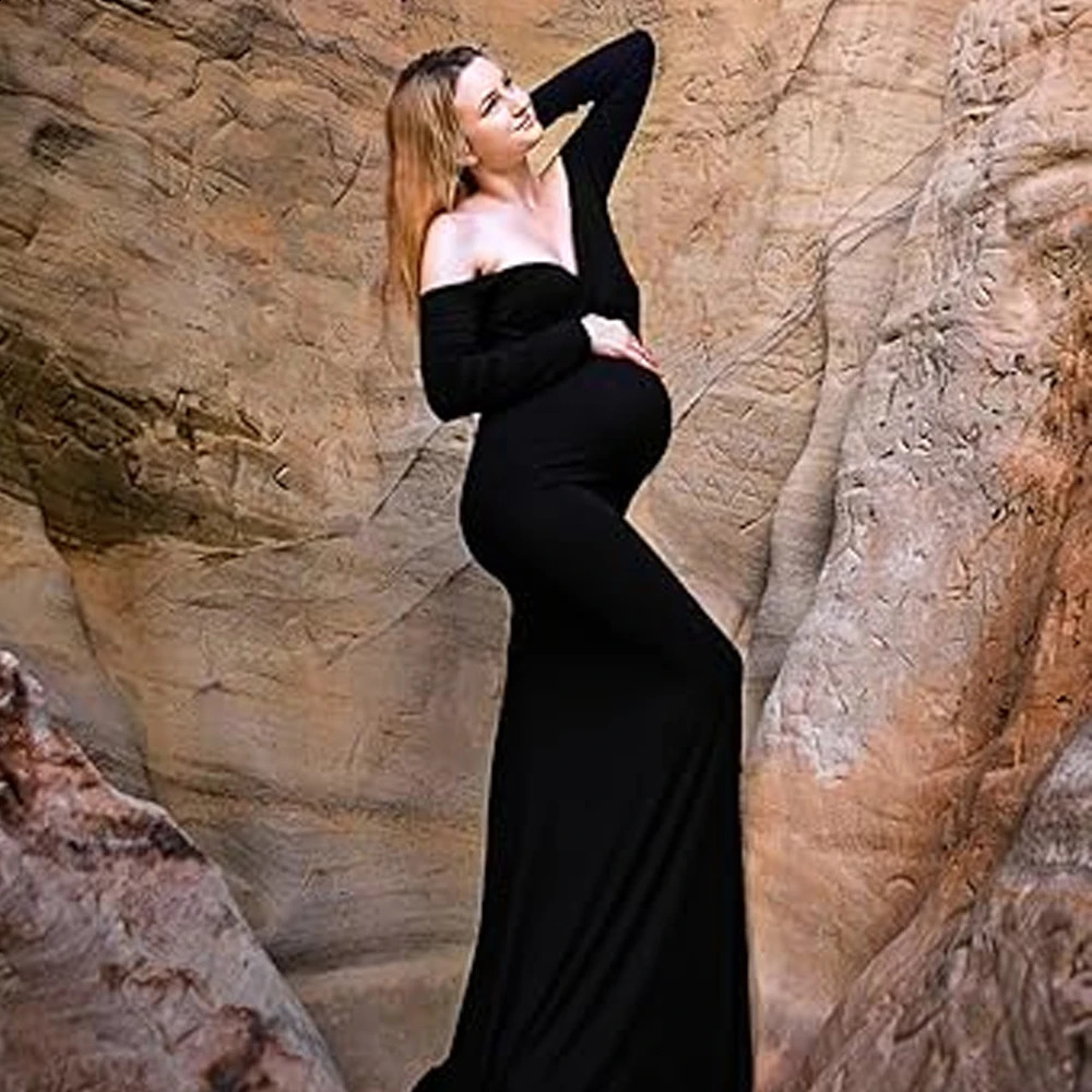 Pregnant Slim Dress Off Shoulder Maxi Floor Length Formal Gown Elegant Women Maternity Dresses For Poshoot Baby Shower 241223