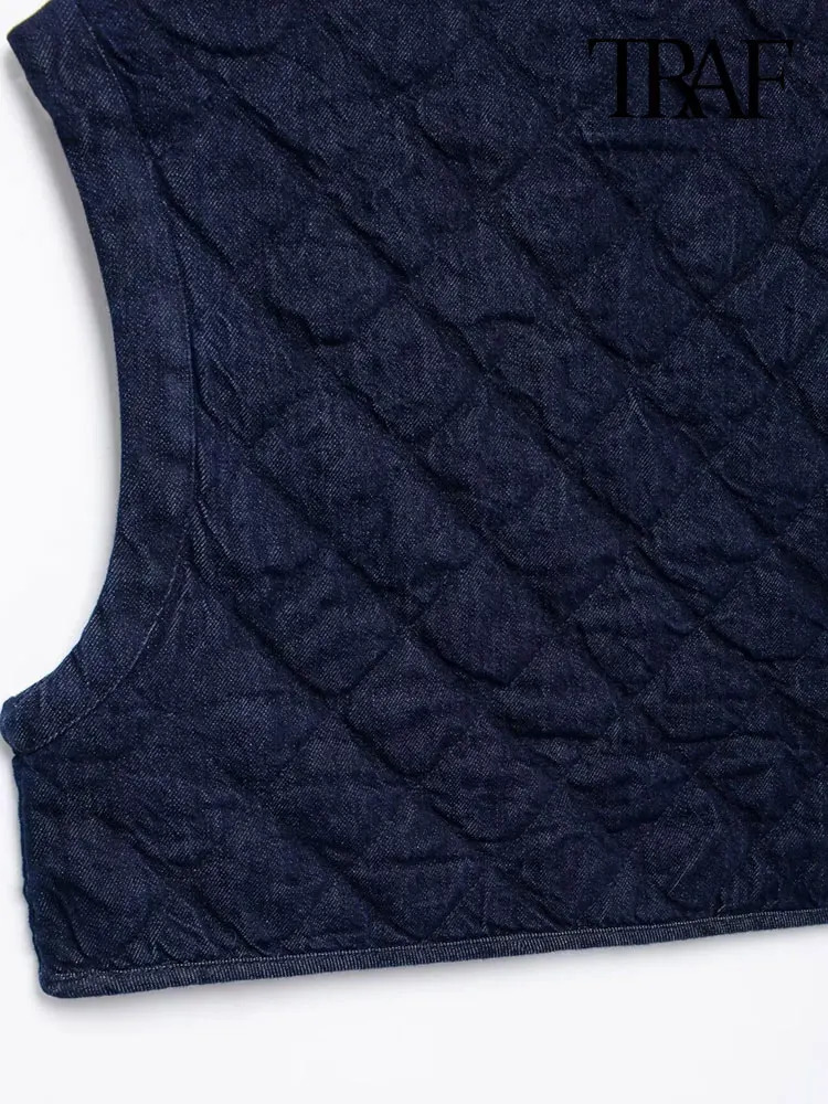 TRAFWomens Cropped Padded Denim Waistcoat Sleeveless Open Stitch Female Outerwear Chic Vest Tops Fashion 241220