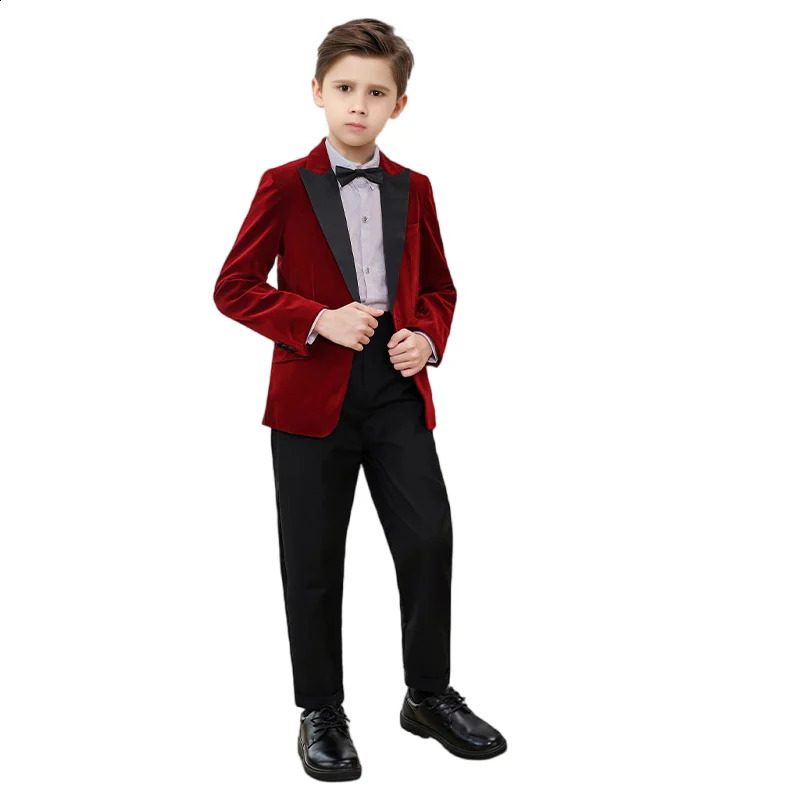 Autumn Boys Red Velvet Suit Set Children Birthday Party Wedding Host Piano Performance Costume Kids Blazer Pants Bowtie Outfit 241223