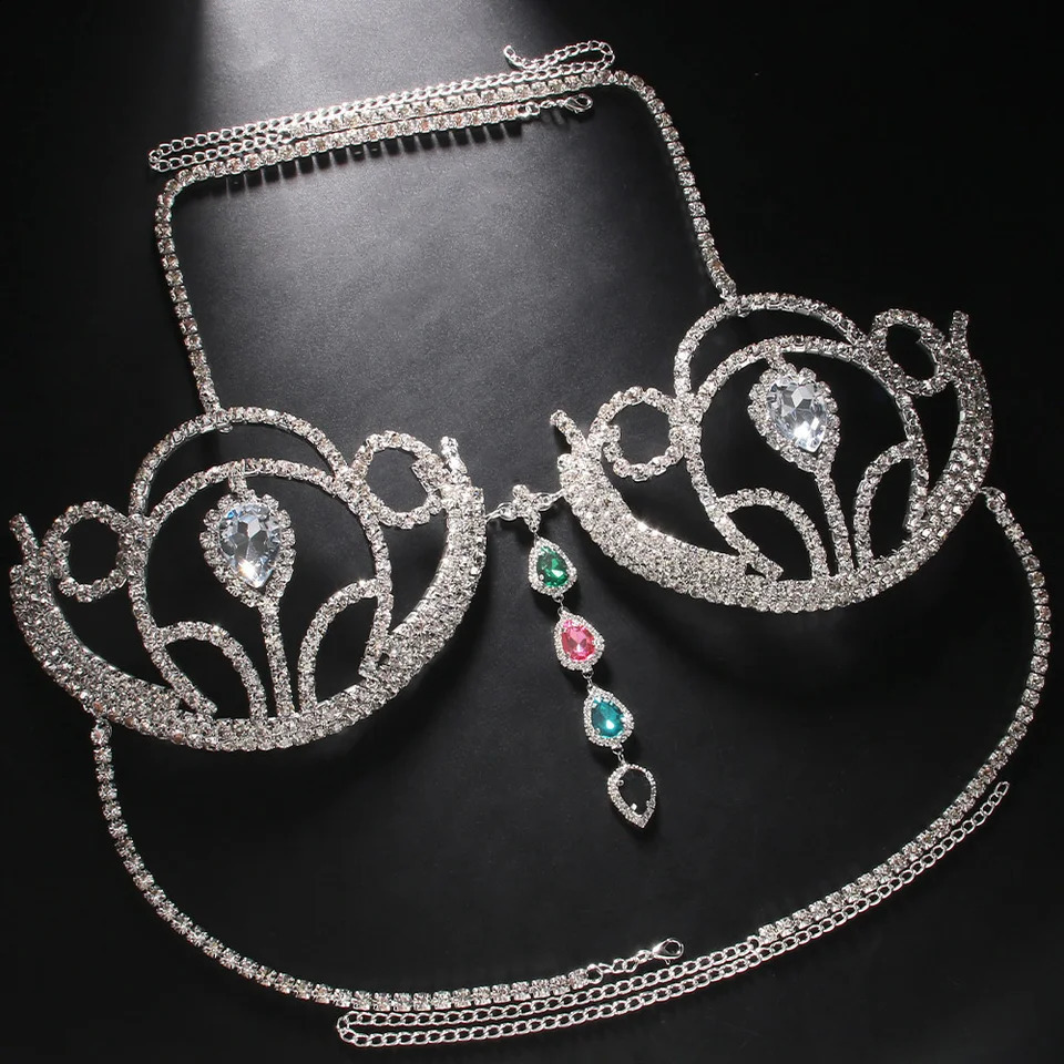 Sexy Nightclub Bikini Crystal Nipple Piercing Chain Full Chest Chain Rhinestone Body Chain Bra Women 241220