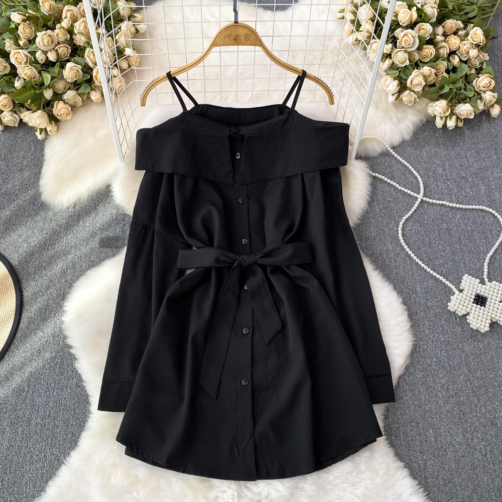 Korean Spring Autumn Off Shoulder Shirts Dress Chic Deisgn Long Sleeve Ruffles Slim Single Breasted Aline Solid Women 241218